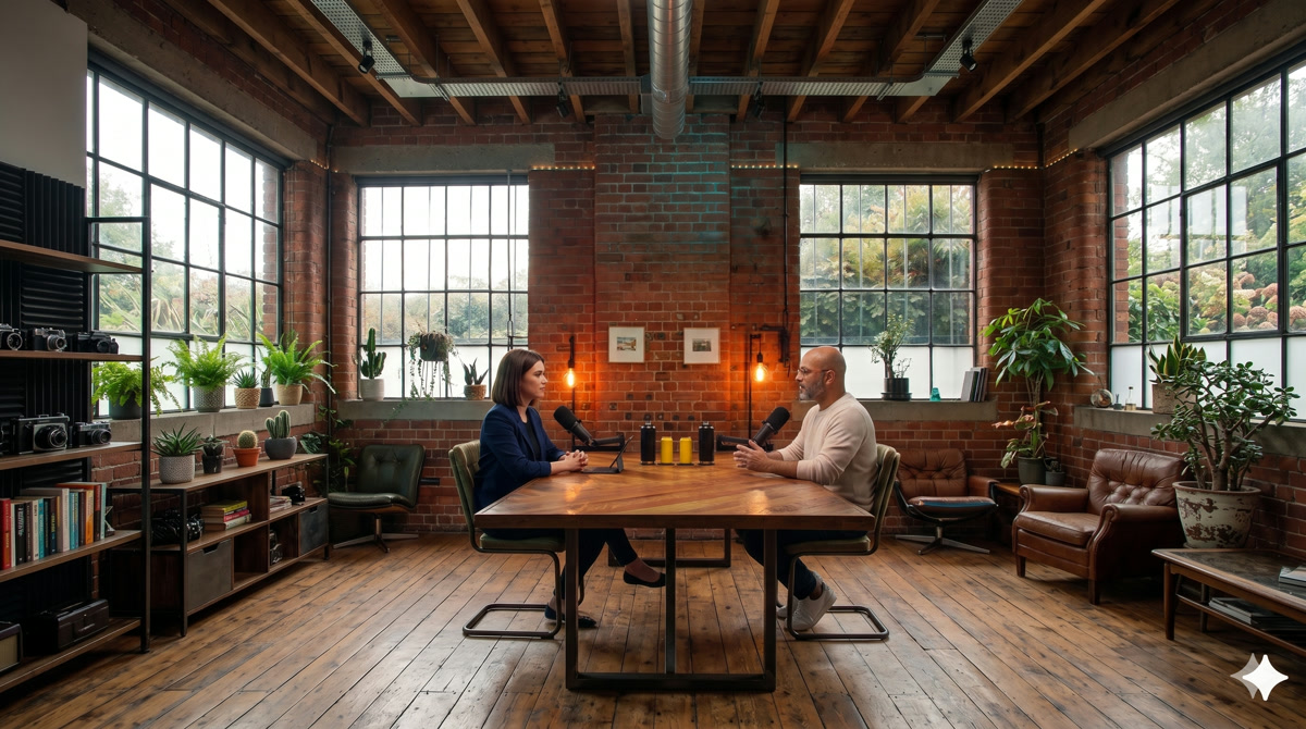 The Trybe podcast studio — wide view of the loft set